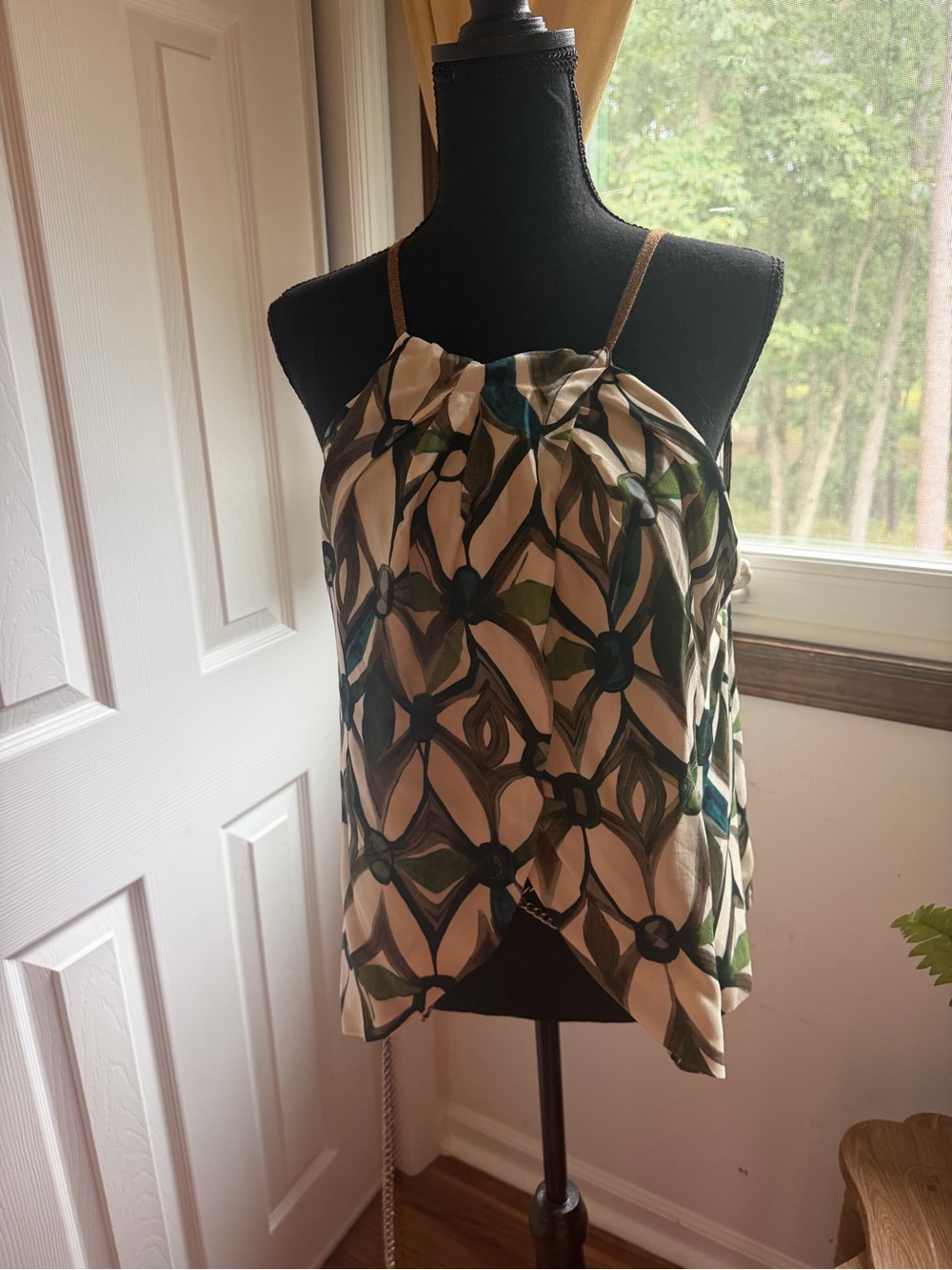 Geometric Print Halter Camisole in Beige and Green